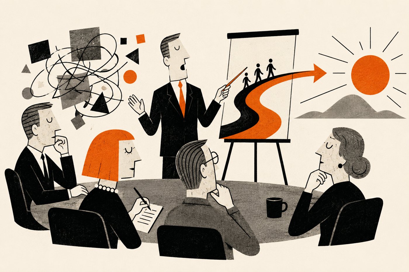 Illustration: a leader presenting a winding path forward to a team